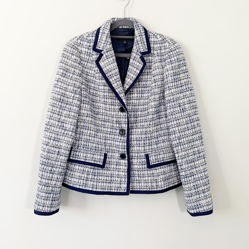 NWOT Talbots Tweed Blazer Women 10 Blue White Grosgrain Trim Textured Jacket - Picture 1 of 11